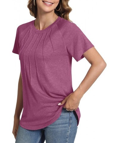 Womens Summer Tops Casual Short Sleeve Shirts Dressy Blouses Trendy Pleated Tunic Purplish Red $10.59 Tops