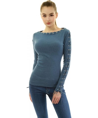 Women Boatneck Lace Up Trim Long Sleeve Blouse Heather Blue $16.40 Blouses