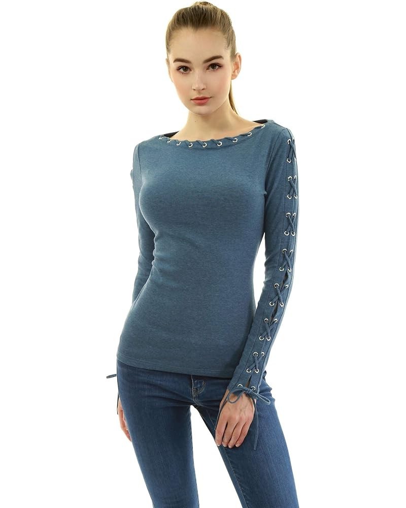 Women Boatneck Lace Up Trim Long Sleeve Blouse Heather Blue $16.40 Blouses