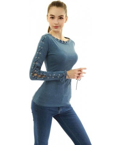 Women Boatneck Lace Up Trim Long Sleeve Blouse Heather Blue $16.40 Blouses