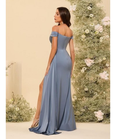 Women's Off Shoulder Ruched Bridesmaid Dresses Long with Slit Satin Formal Prom Dress VS018 Peacocok $24.80 Dresses