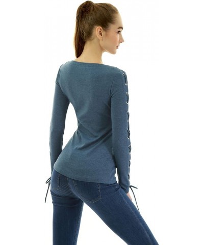 Women Boatneck Lace Up Trim Long Sleeve Blouse Heather Blue $16.40 Blouses