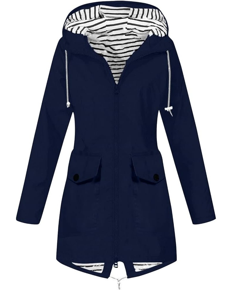 Coats for Women, Women Stripe Outdoor Rain Jacket Medium and Long Waterproof Hooded Raincoat Windproof with Pockets 02-navy $...