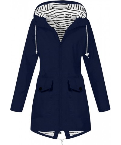 Coats for Women, Women Stripe Outdoor Rain Jacket Medium and Long Waterproof Hooded Raincoat Windproof with Pockets 02-navy $...