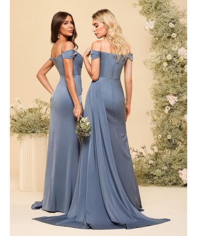 Women's Off Shoulder Ruched Bridesmaid Dresses Long with Slit Satin Formal Prom Dress VS018 Peacocok $24.80 Dresses