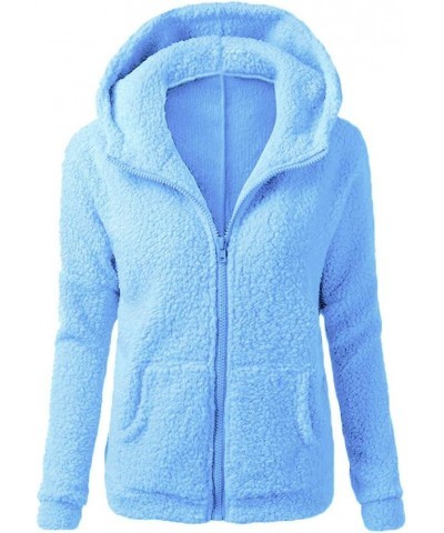 Womens Winter Coats Pretty Solid Color Hooded Sweater Warm Wool Zipper Coat Long Sleeve Plush Jacket with Pockets 01 Blue $7....