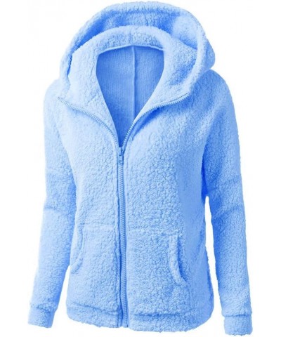 Womens Winter Coats Pretty Solid Color Hooded Sweater Warm Wool Zipper Coat Long Sleeve Plush Jacket with Pockets 01 Blue $7....