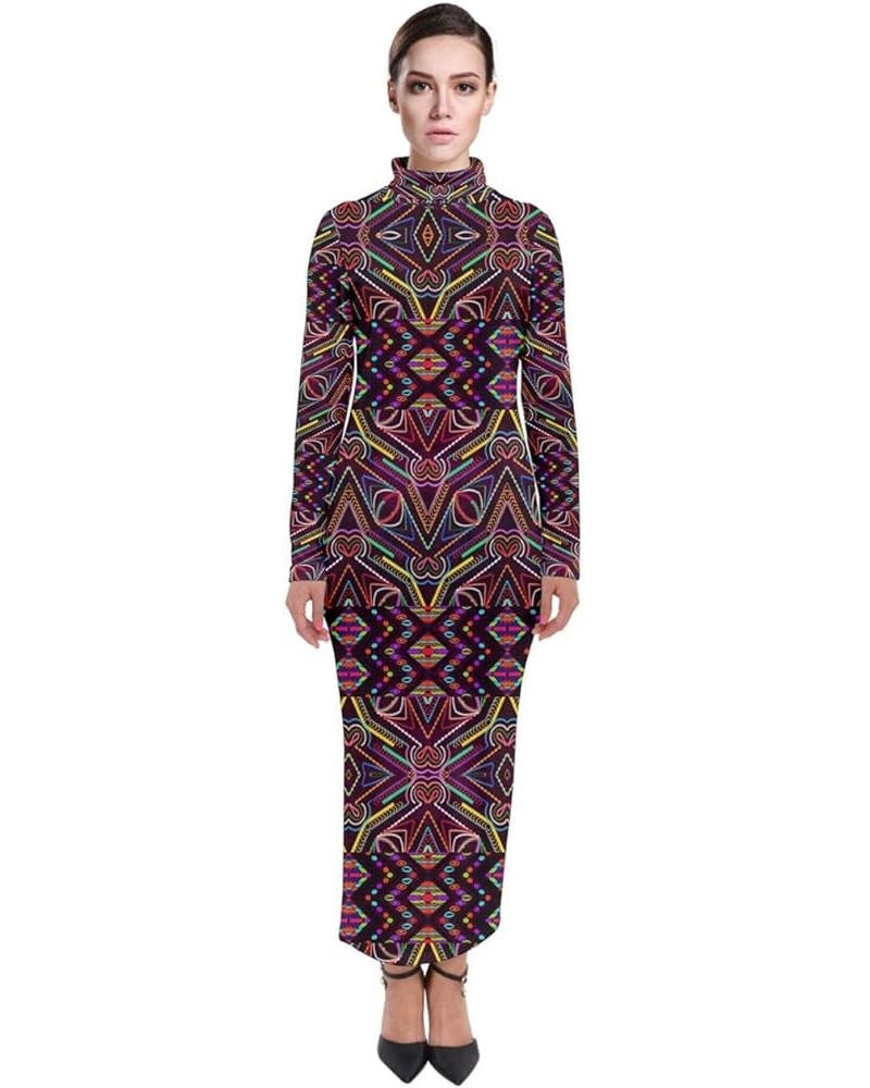 Womens Long Sleeve Dress Oriental Damask Arabesque Floral Aztec African Print Sexy Turtleneck Maxi Dress Colorful 2 $13.86 Dr...