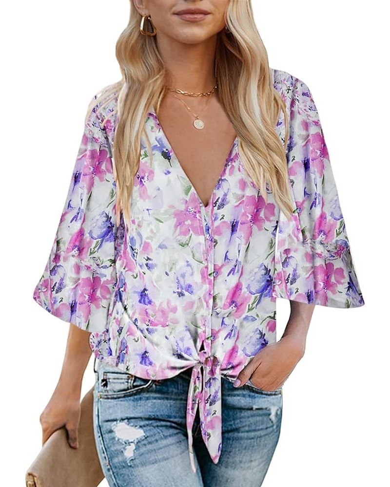 Womens Summer Tops Boho 3/4 Sleeve V Neck Tie Front Shirts Casual Floral Blouses F8 Rose $18.47 Blouses