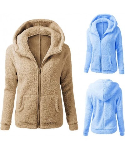 Womens Winter Coats Pretty Solid Color Hooded Sweater Warm Wool Zipper Coat Long Sleeve Plush Jacket with Pockets 01 Blue $7....