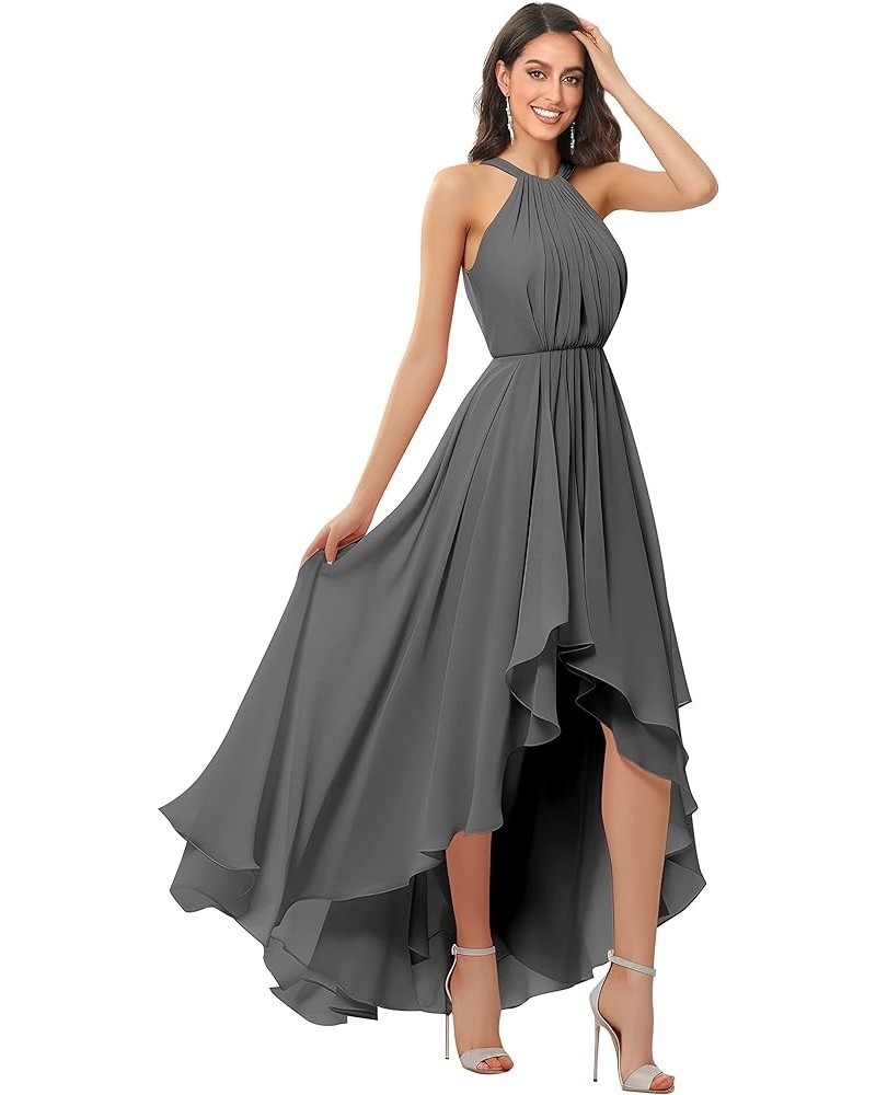 Women's Halter Chiffon Bridesmaid Dresses High Low for Wedding A-Line Pleated Formal Gown with Pockets Grey $31.34 Dresses