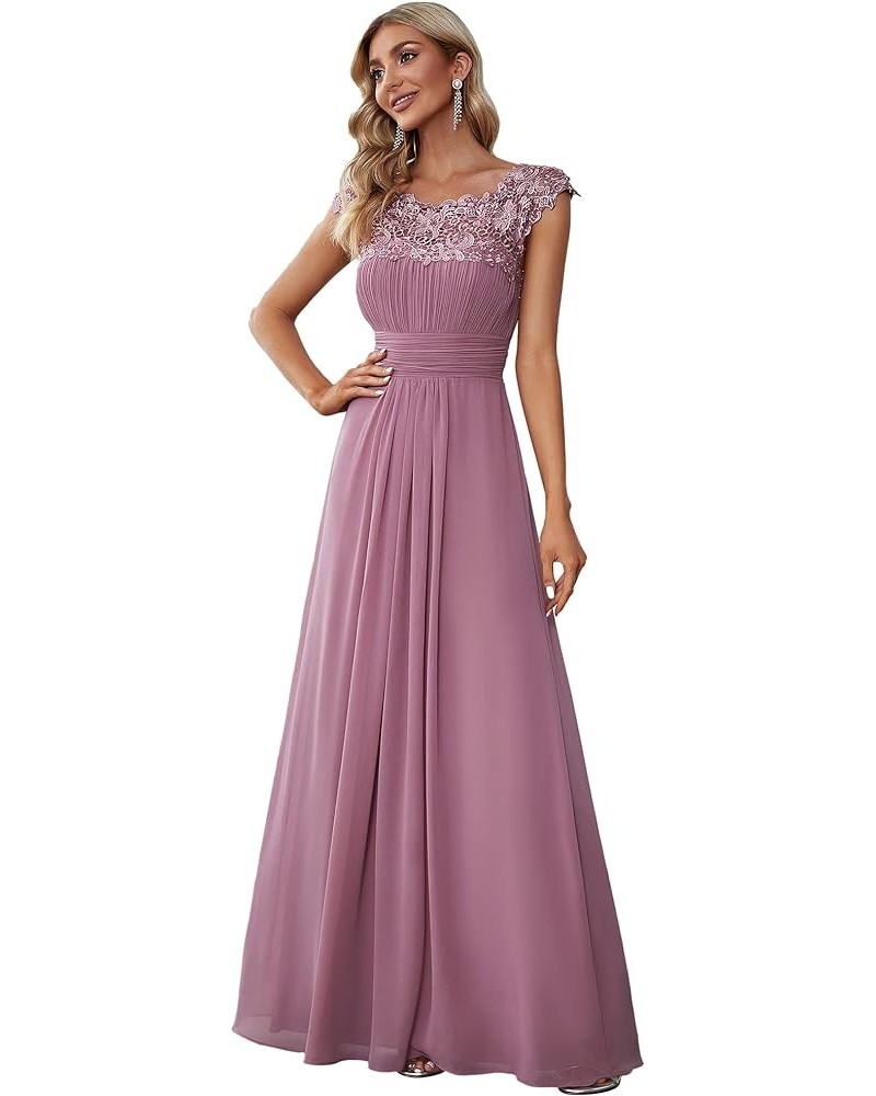 Women's Cap Sleeve Ruched Lace Round Neck Chiffon Formal Evening Gowns 09993-US Orchid $36.07 Dresses