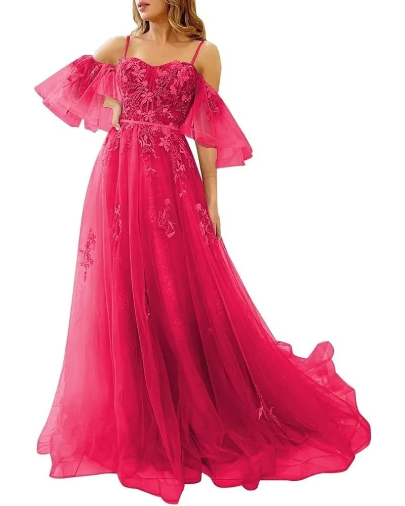 Tulle Prom Dresses for Women Long Ball Gown Off Shoulder Lace Applique Formal Evening Party Gowns 2024 Fuchsia $38.70 Dresses