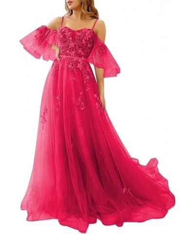 Tulle Prom Dresses for Women Long Ball Gown Off Shoulder Lace Applique Formal Evening Party Gowns 2024 Fuchsia $38.70 Dresses