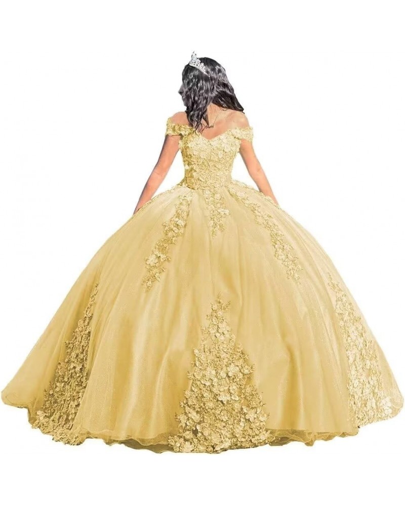 Women’s A Line Off Shoulder Prom Dress, V Neck Floral Beaded Quinceanera Tulle Party Dress with Train Gold $64.68 Dresses