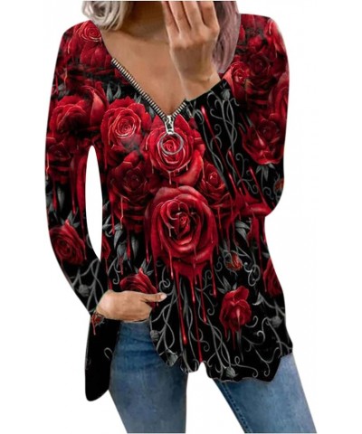 Womens Cold Shoulder Long Sleeve Shirts Sexy V Neck Zipper T-Shirt Blouse Floral Cut Out T Shirts Dressy Tunic Tops Baodan-a4...