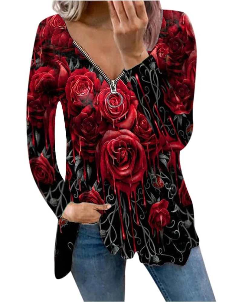 Womens Cold Shoulder Long Sleeve Shirts Sexy V Neck Zipper T-Shirt Blouse Floral Cut Out T Shirts Dressy Tunic Tops Baodan-a4...