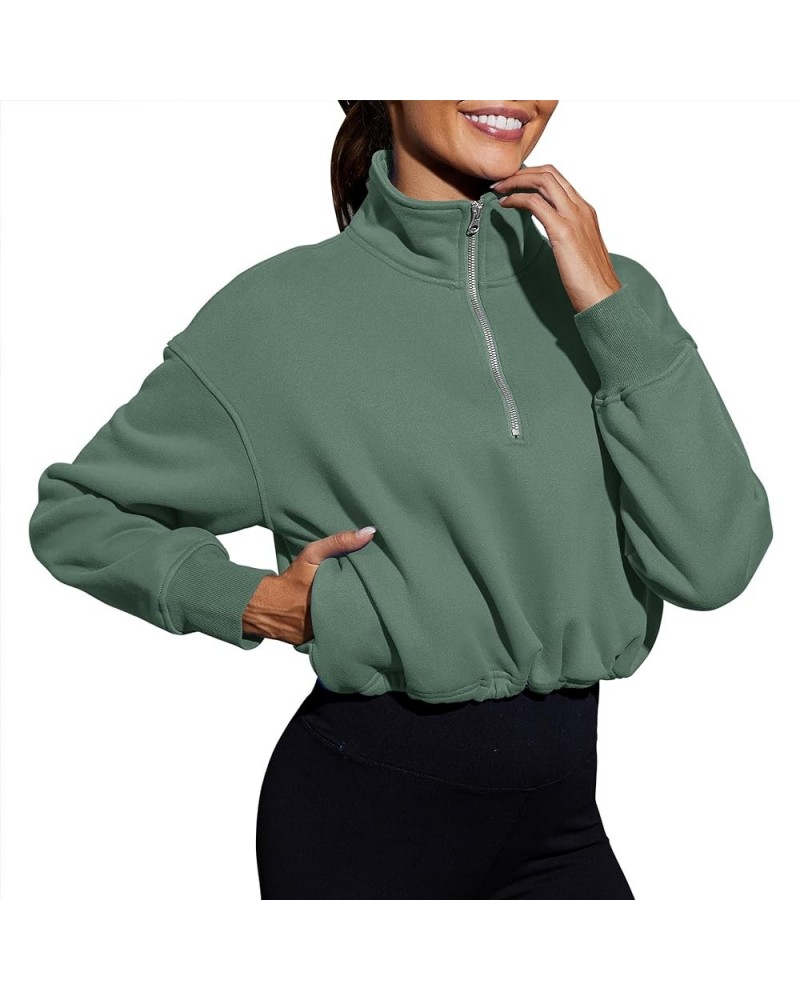 Womens Quarter Zip Pullover Sweatshirt Cropped Fleece Lined Long Sleeve Casual Tops with Pocket Grey Green $13.19 Hoodies & S...