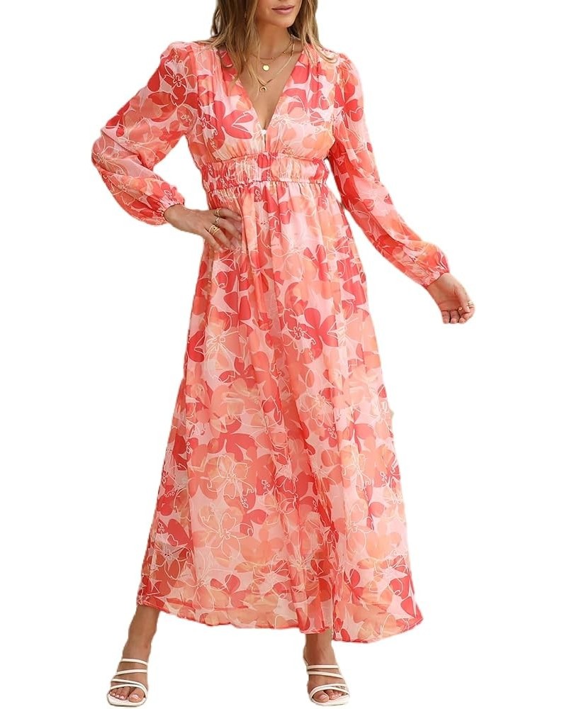 Women's 2024 Long Sleeve Boho Floral Maxi Dress V Neck Casual Long Dress Zred Print $20.25 Dresses