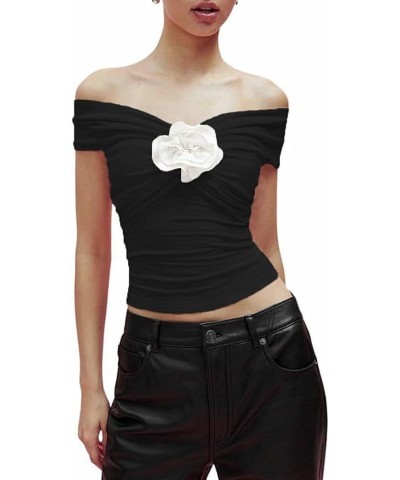 3D Flower Tank Top for Women Sleeveless Off Shoulder Backless Crop Shirts Slim Fit Y2k Cami Streetwear 01-black White $10.19 ...