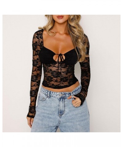 Women's Lace Mesh Tops Long Sleeve Dots Sheer Blouse Sexy Shirt High Neck See-Through Slim Fit Tee Shirts Clubwear H Black $7...