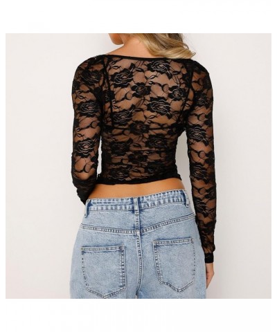 Women's Lace Mesh Tops Long Sleeve Dots Sheer Blouse Sexy Shirt High Neck See-Through Slim Fit Tee Shirts Clubwear H Black $7...