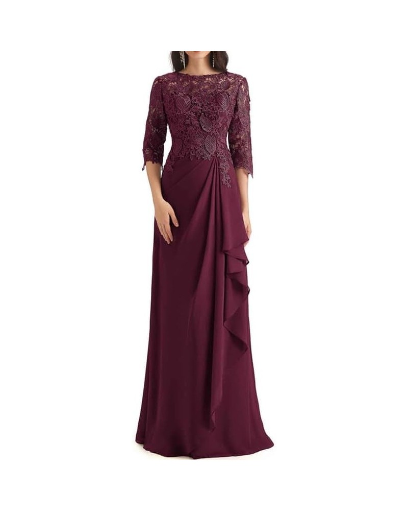 Lace Mother of The Bride Dress with Sleeves Chiffon Ruffles Long Evening Formal Gown for Wedding Scoop Neck Cabernet $42.90 D...