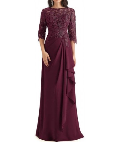 Lace Mother of The Bride Dress with Sleeves Chiffon Ruffles Long Evening Formal Gown for Wedding Scoop Neck Cabernet $42.90 D...