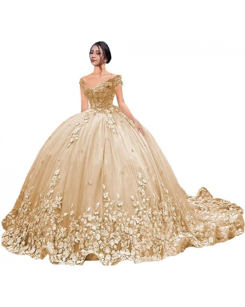 Luxury Off Shoulder Quinceanera Dresses Ball Gown Puffy Long Prom Gowns with Train Tulle Sweet 15 16 Dresses XXF035 Champagne...