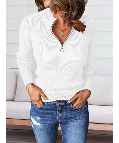 Quarter Zip Pullover Sweater for Women Long Sleeve Collared Slim Fitted Ribbed Knit Tops White $10.79 Sweaters