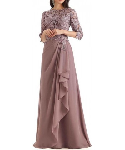 Lace Mother of The Bride Dress with Sleeves Chiffon Ruffles Long Evening Formal Gown for Wedding Scoop Neck Cabernet $42.90 D...