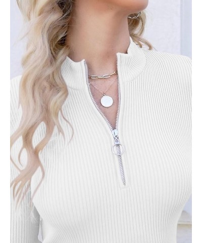 Quarter Zip Pullover Sweater for Women Long Sleeve Collared Slim Fitted Ribbed Knit Tops White $10.79 Sweaters