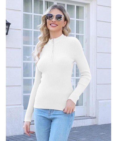 Quarter Zip Pullover Sweater for Women Long Sleeve Collared Slim Fitted Ribbed Knit Tops White $10.79 Sweaters