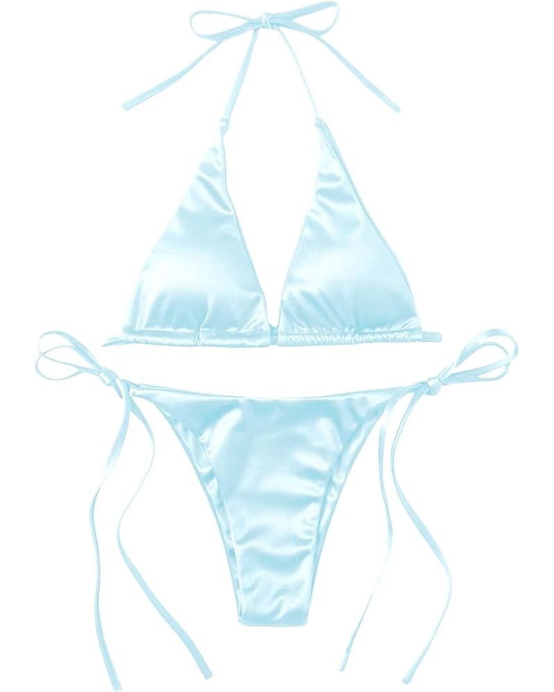 Women's Metallic Halter Top Two Piece Swimsuit Tie Side Triangle Bikini Solid Light Blue $15.05 Swimsuits