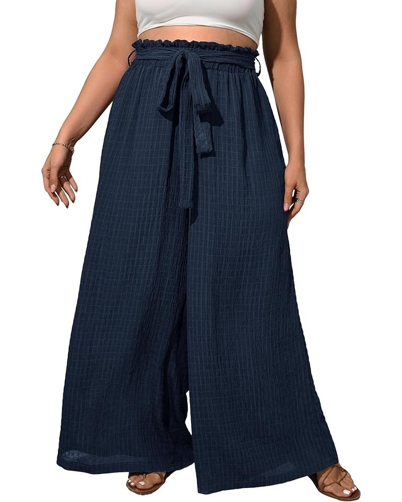 Women's Plus Size Textured Paperbag Waist Wide Leg Pants Casual Loose Palazzo Trousers Navy Blue $18.13 Pants