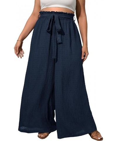 Women's Plus Size Textured Paperbag Waist Wide Leg Pants Casual Loose Palazzo Trousers Navy Blue $18.13 Pants