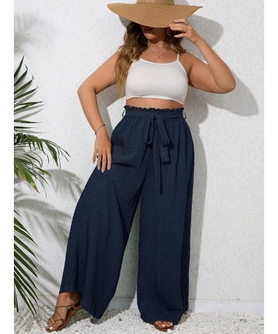 Women's Plus Size Textured Paperbag Waist Wide Leg Pants Casual Loose Palazzo Trousers Navy Blue $18.13 Pants