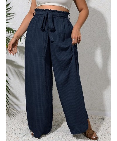 Women's Plus Size Textured Paperbag Waist Wide Leg Pants Casual Loose Palazzo Trousers Navy Blue $18.13 Pants