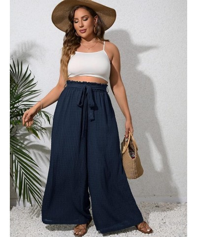 Women's Plus Size Textured Paperbag Waist Wide Leg Pants Casual Loose Palazzo Trousers Navy Blue $18.13 Pants