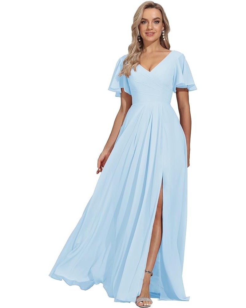 Women's V Neck Bridesmaid Dresses with Sleeves Split Pleated Long Chiffon Formal Wedding Guest Dress with Pockets Light Blue ...