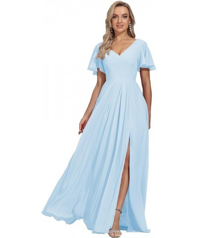 Women's V Neck Bridesmaid Dresses with Sleeves Split Pleated Long Chiffon Formal Wedding Guest Dress with Pockets Light Blue ...