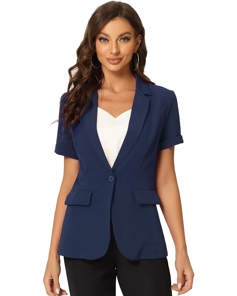 Women's 1 Button Office Business Short Sleeve Blazer Jacket Dark Blue $22.19 Blazers