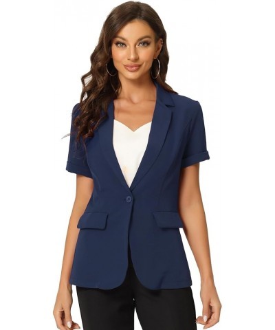 Women's 1 Button Office Business Short Sleeve Blazer Jacket Dark Blue $22.19 Blazers