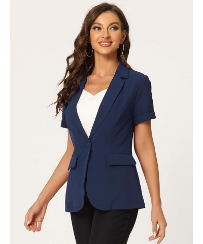 Women's 1 Button Office Business Short Sleeve Blazer Jacket Dark Blue $22.19 Blazers