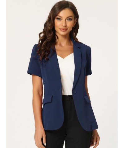 Women's 1 Button Office Business Short Sleeve Blazer Jacket Dark Blue $22.19 Blazers