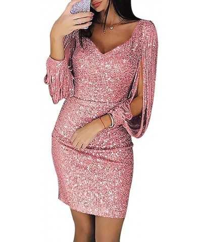 Women Sexy Glitter Sequin Stitching Tassel Long Sleeve Club Slim Fit Evening Party Club Mini Dress Pink $10.25 Dresses