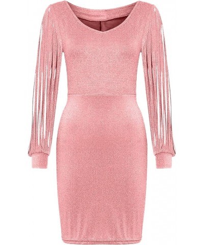 Women Sexy Glitter Sequin Stitching Tassel Long Sleeve Club Slim Fit Evening Party Club Mini Dress Pink $10.25 Dresses