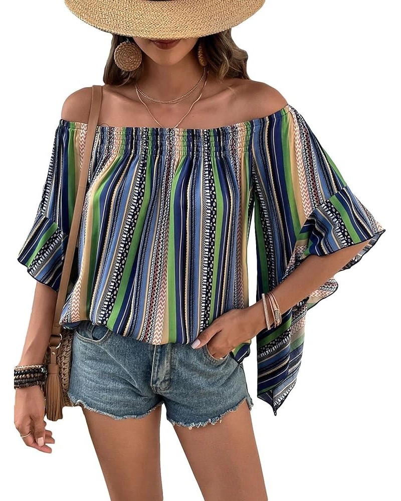 Women's Boho Striped Print Off Shoulder Half Bell Sleeve Blouse Shirts Summer Tops Multicolor Blue $18.47 Blouses