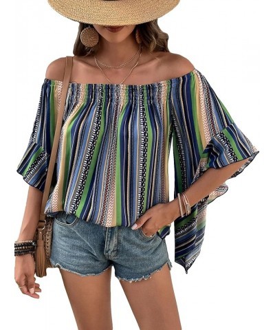 Women's Boho Striped Print Off Shoulder Half Bell Sleeve Blouse Shirts Summer Tops Multicolor Blue $18.47 Blouses