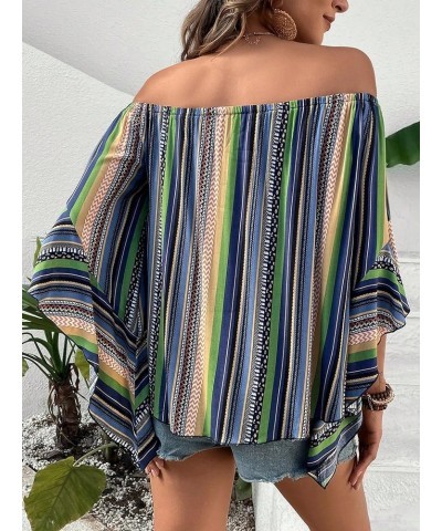 Women's Boho Striped Print Off Shoulder Half Bell Sleeve Blouse Shirts Summer Tops Multicolor Blue $18.47 Blouses